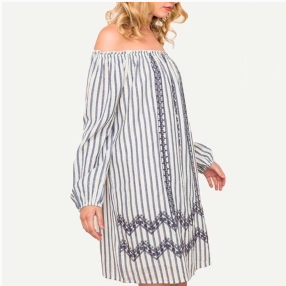 NEW Mystree Blue Cream Cotton Striped Embroidered Dress On / Off-shoulder L NWT